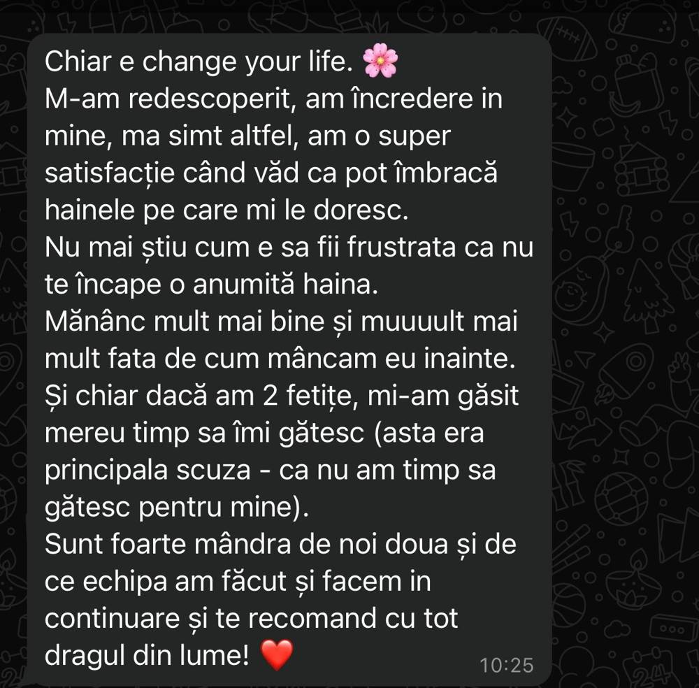 Captură cu feedback de la o clientă din program