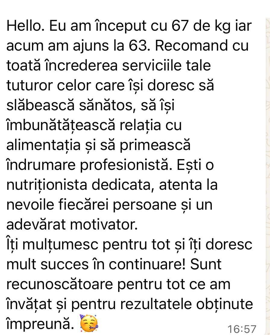Captură cu feedback de la o clientă din program